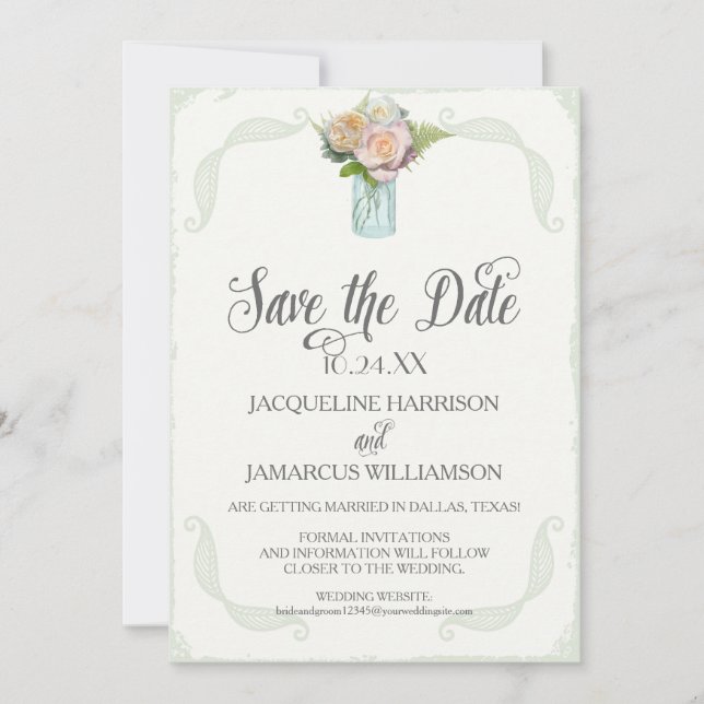 Save the Date Photo Rustic Floral Mason Jar Roses Invitation (Front)
