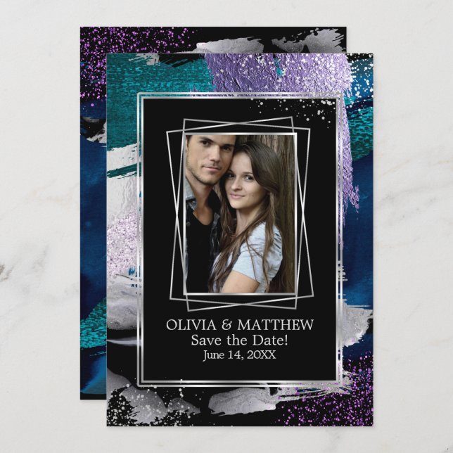 Save the Date | Photo Silver Teal Lilac Abstract Invitation (Front/Back)