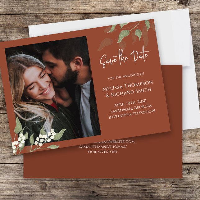 Save the Date Photo Terracotta Greenery (An elegant terracotta photo save the date double sided card)