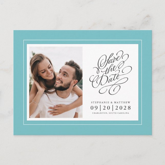 Save The Date Photo Wedding Aqua Elegant Chic Announcement Postcard (Front)
