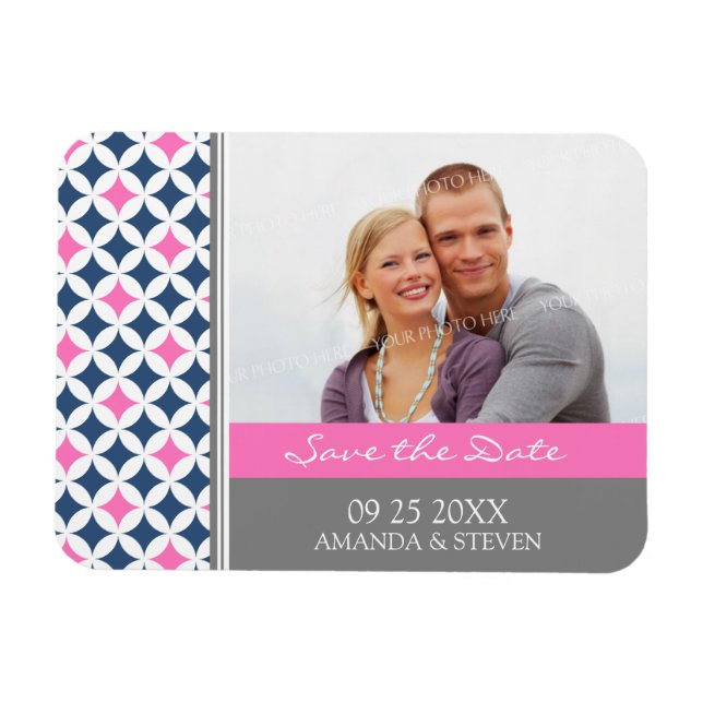 Save the Date Photo Wedding Magnet Grey Blue Pink (Horizontal)