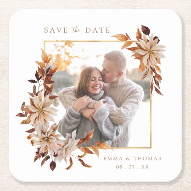 Save The Date Photo Wedding  Square Paper Coaster (Front)
