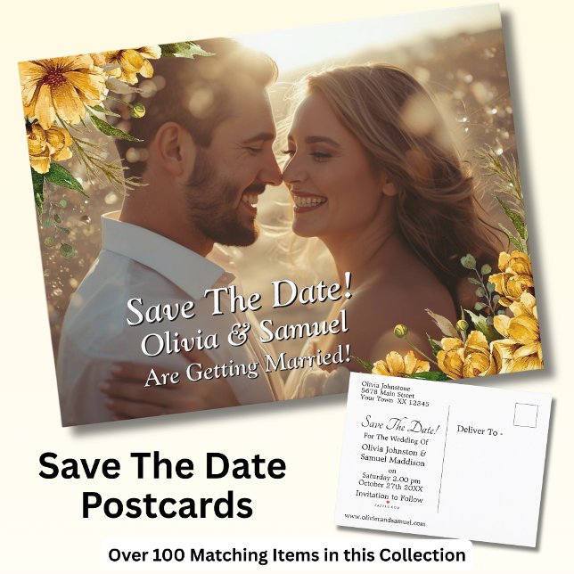 Save The Date - Photo with Golden Yellow Flowers Announcement Postcard (Creator Uploaded)