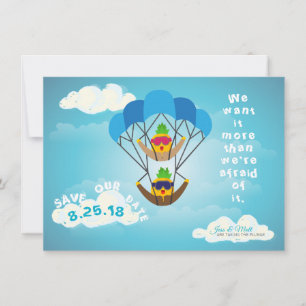 Save the Date Pineapple Characters Parachuting