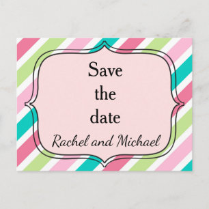 Save the date Pink and Blue Stripes Announcement Postcard