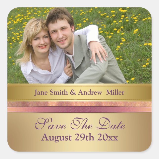 Save the date pink and gold photo stickers (Front)