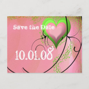 Save The Date Pink and Green Mediaeval Heart Announcement Postcard