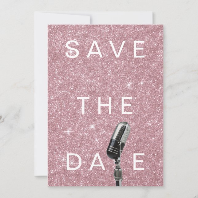 Save The Date Pink Blush Rose Glitter Microfone (Front)