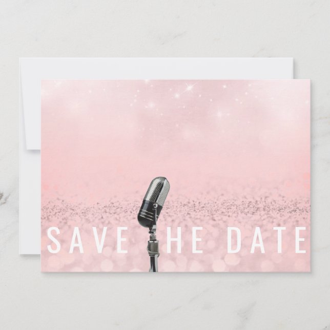 Save The Date Pink Blush Rose Glitter Microfone (Front)