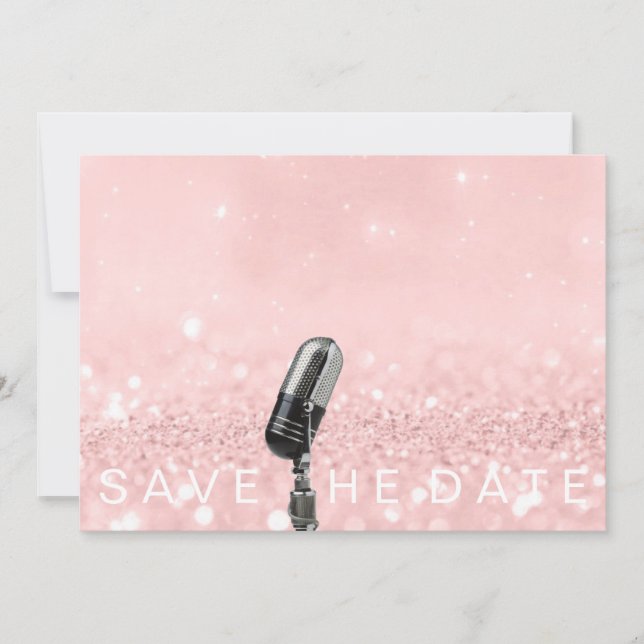 Save The Date Pink Blush Rose Glitter Microfone (Front)
