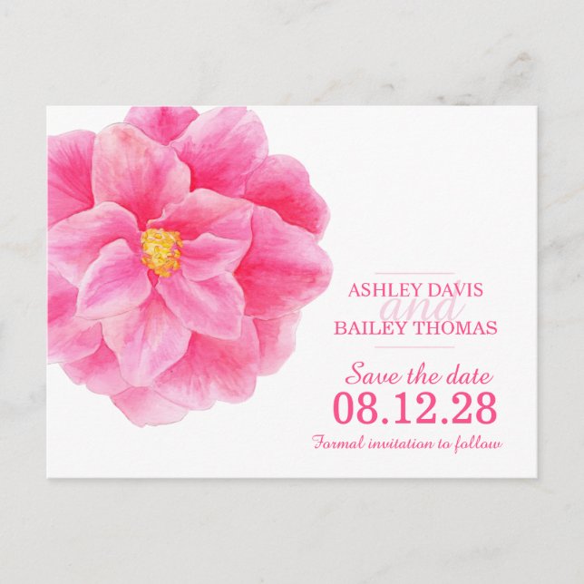 Save the date pink camellia flower card (Front)