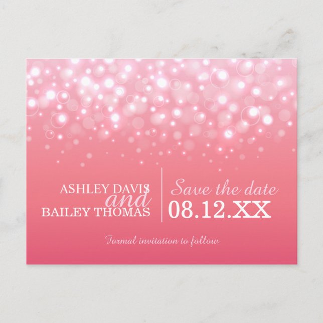 Save the date pink champagne bubbles wedding card (Front)