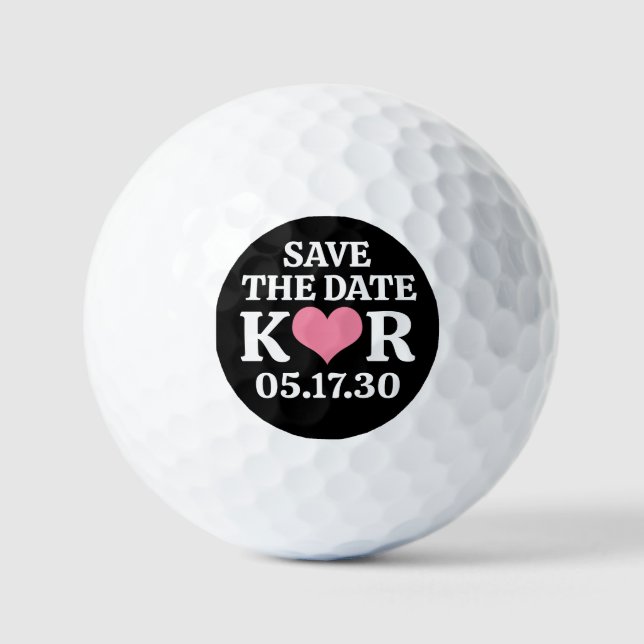 SAVE THE DATE Pink Heart MONOGRAM Black Background Golf Balls (Front)