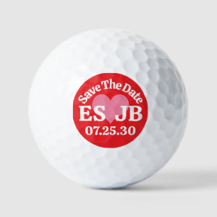 SAVE THE DATE Pink Heart MONOGRAMS Red Background Golf Balls