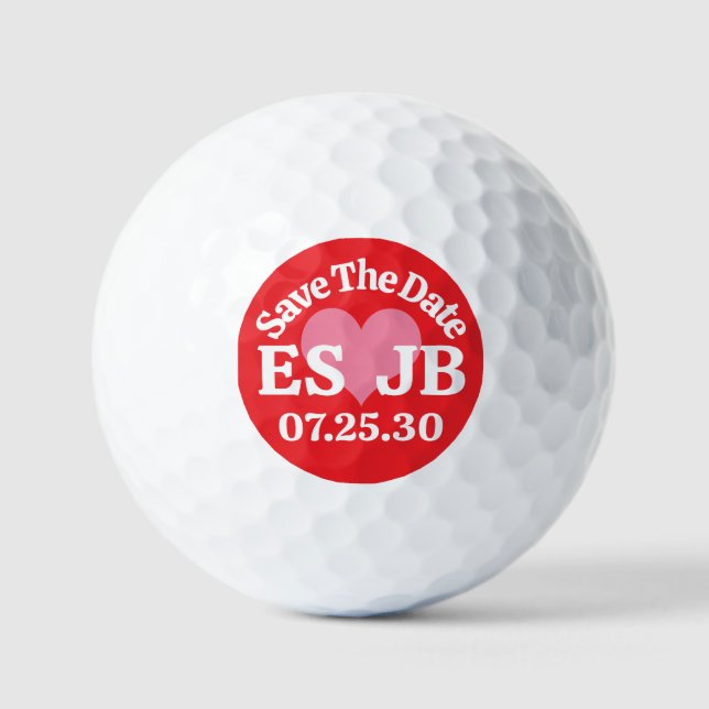 SAVE THE DATE Pink Heart MONOGRAMS Red Background Golf Balls (Front)