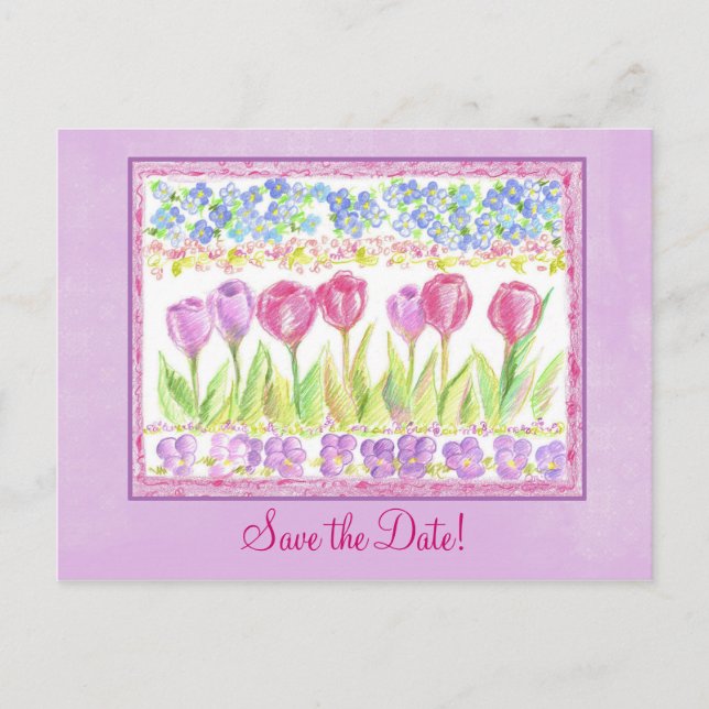 Save the Date Pink Lavender Tulip Flower Drawing Announcement Postcard (Front)
