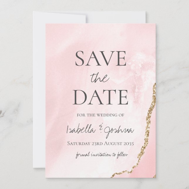 Save the Date Pink Marble & Rose Gold Glitter (Front)