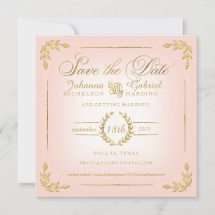 Save the Date, Pink n Gold Laurel Leaf Typography Date