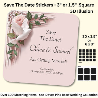 Save The Date - Pink Roses & Doves Wedding Square Sticker