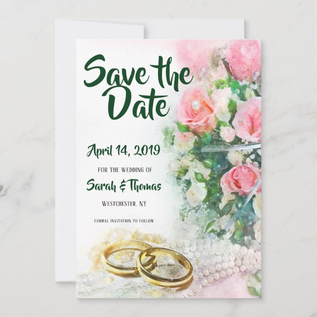 Save the Date Pink Roses with Gold Wedding Bands (Front)