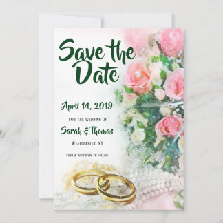 Save the Date Pink Roses with Gold Wedding Bands
