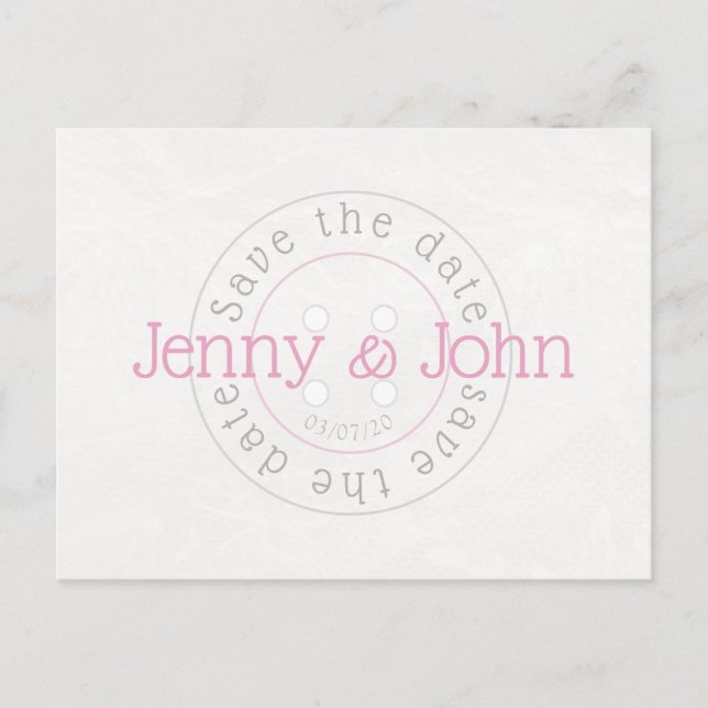 Save the date pink & white sewing button postcard (Front)