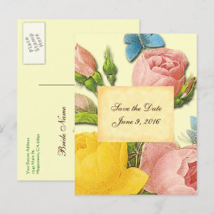 Save the Date Pink Yellow Vintage Roses Postcard