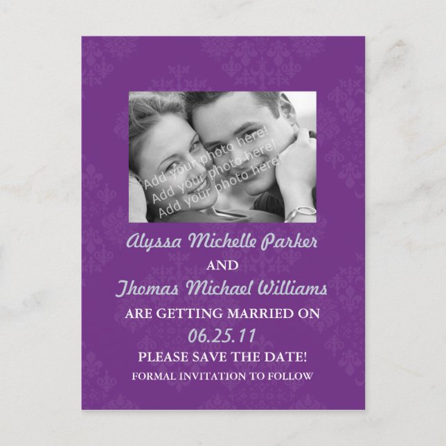 Save The Date Post Card with Your Photo (Purple) (Front)
