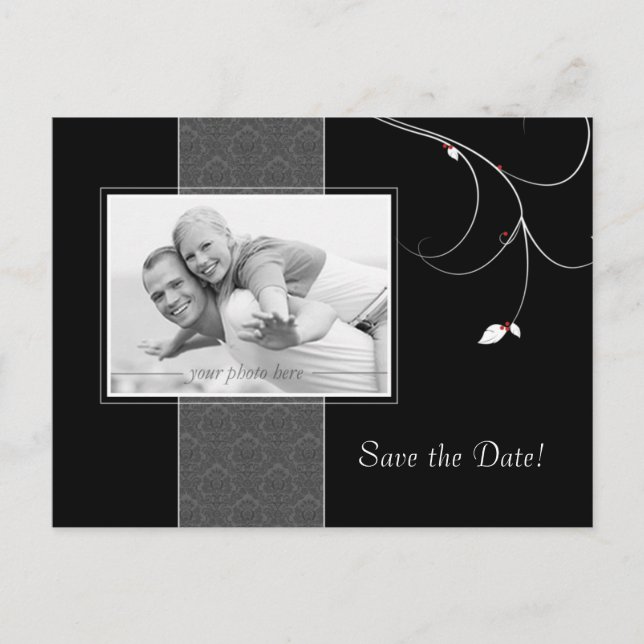 Save the Date Postcard Black Grey Leaf Berries (Front)