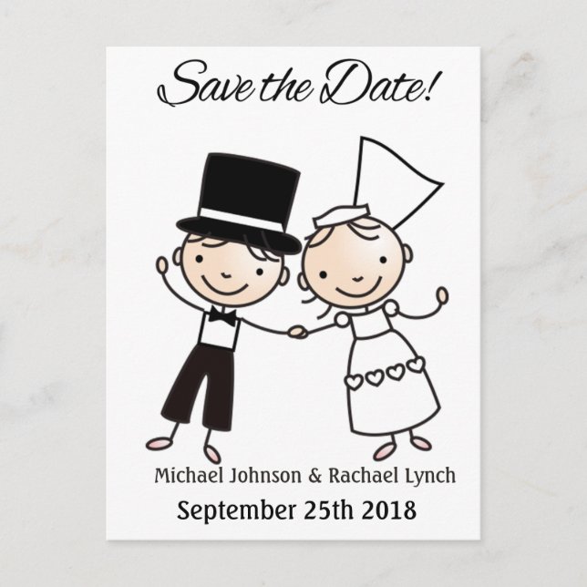 Save the Date Postcard Cute Cartoon Couple (Front)