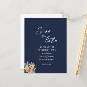 Save the Date postcard - Elegant floral deep blue