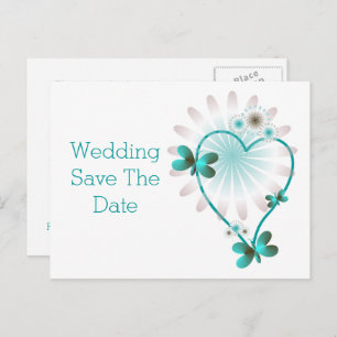Save The Date Postcard Mint Heart And Butterflies