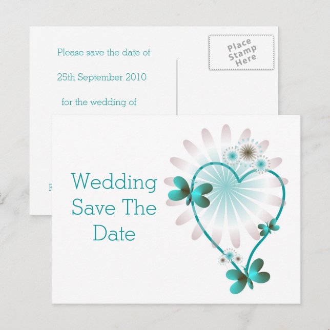 Save The Date Postcard Mint Heart And Butterflies (Front/Back)