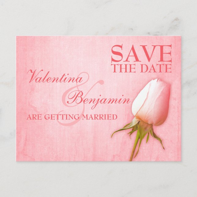 Save the Date Postcard Single Pink Rose Bud (Front)