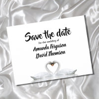 Save the date postcard two swans in love white
