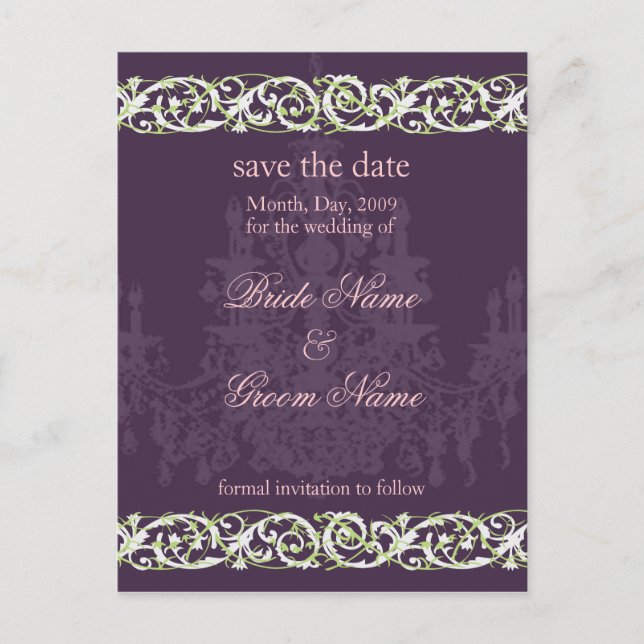 Save the Date postcards, chandelier swirls accent Announcement Postcard (Front)