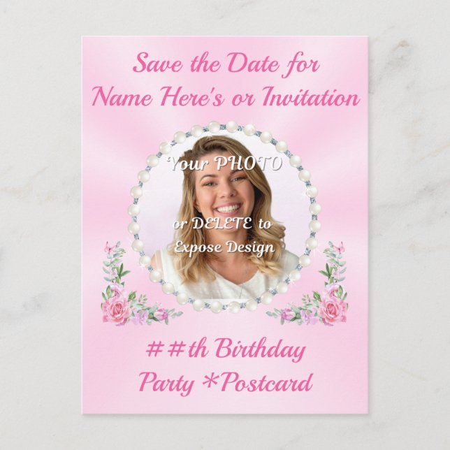 Save the Date Postcards for Birthday Party, Pink (Front)
