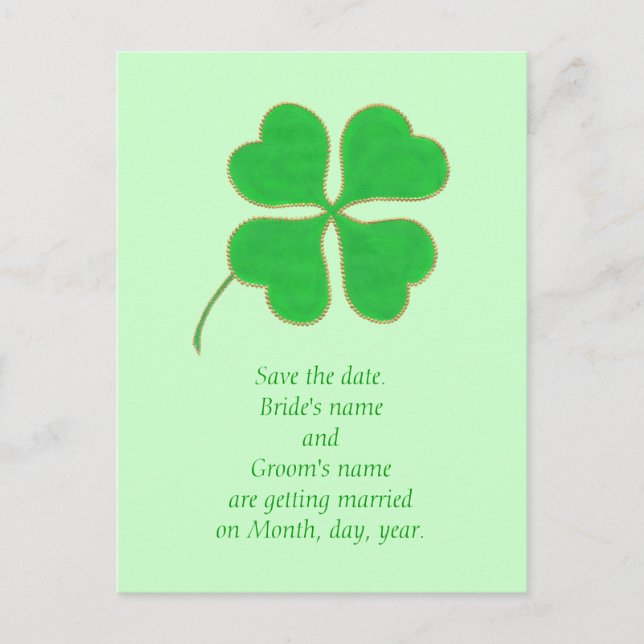 Save the date Postcards, Green Shamrock Gold Dots Announcement Postcard (Front)