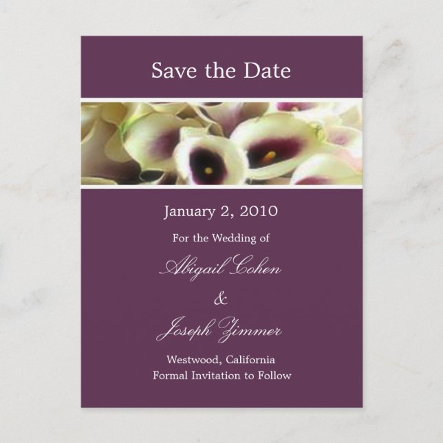 Save the date postcards, purple calla lillies announcement postcard (Front)