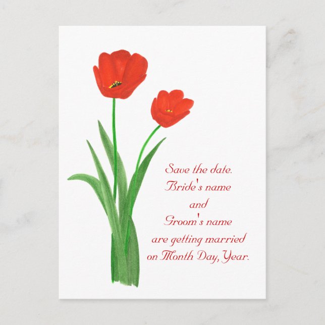Save the date postcards, Red Tulips Announcement Postcard (Front)