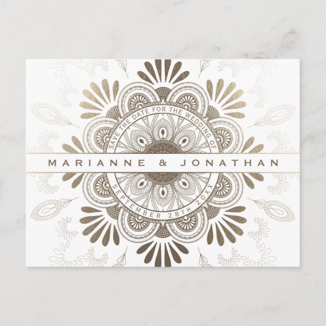 Save the Date Postcards White & Gold Foil Mandala (Front)