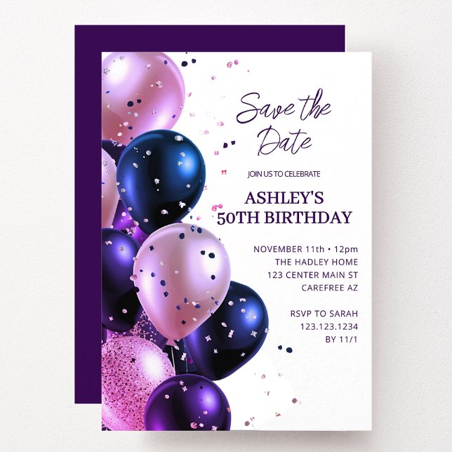 Save the Date Purple 50th Birthday Party Invitation (Creator Uploaded)