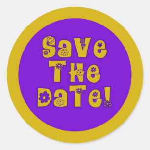 Save the Date Purple and Gold Classic Round Sticker
