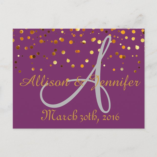 Save the date Purple and Gold Glitter Faux Foi Announcement Postcard (Front)