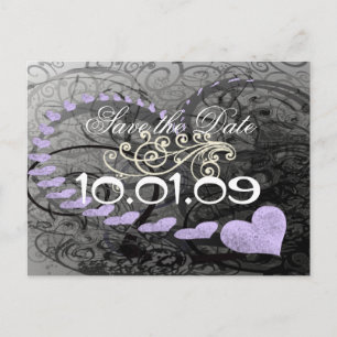 Save The Date Purple and Grey Hearts and Swirl Announcement Postcard