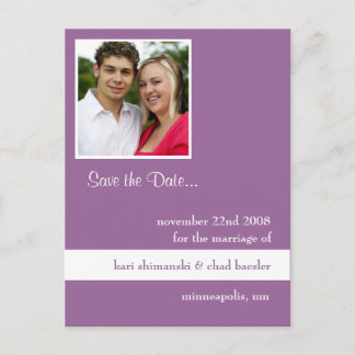 Save the date purple! announcement postcard