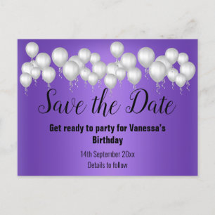 Save the Date Purple Balloons Sparkle Occassion Announcement Postcard