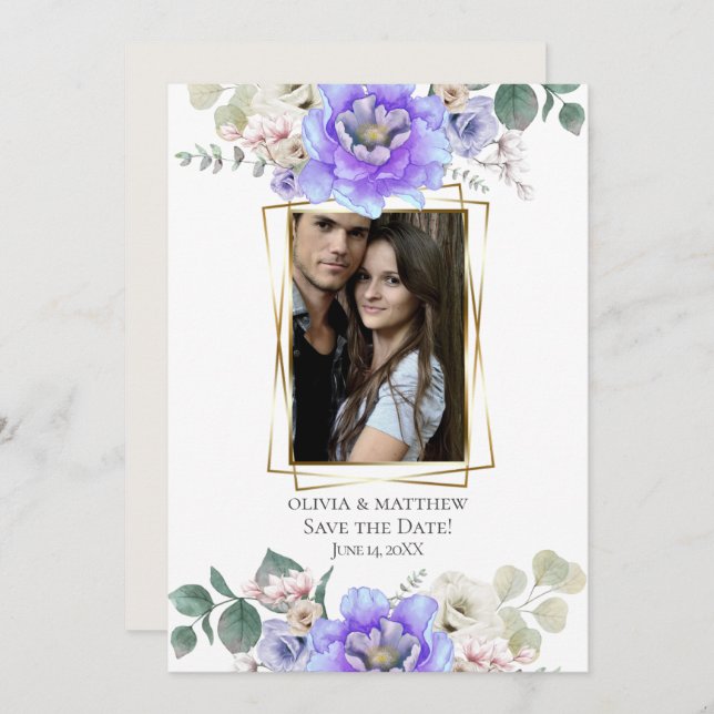 Save the Date | Purple Blue Ombré Flowers Invitation (Front/Back)