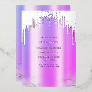 Save The Date Purple Glitter Drips Silver Foil Holiday Card