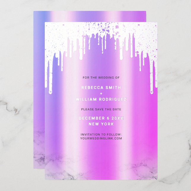 Save The Date Purple Glitter Drips Silver Foil Holiday Card (Front/Back)